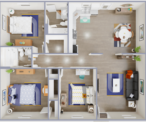 A top-down view of a small apartment with two beds, a kitchen, and a living room.